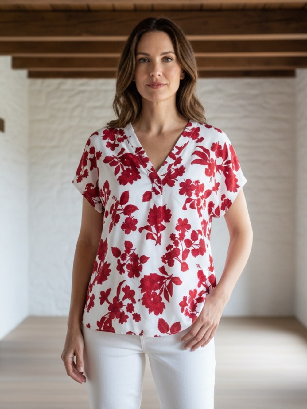 Ann Taylor Lightweight White V-Neck Blouse with Red Floral Print